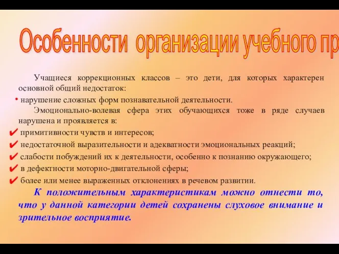 Особенности организации учебного процесса Учащиеся коррекционных классов – это дети, для которых