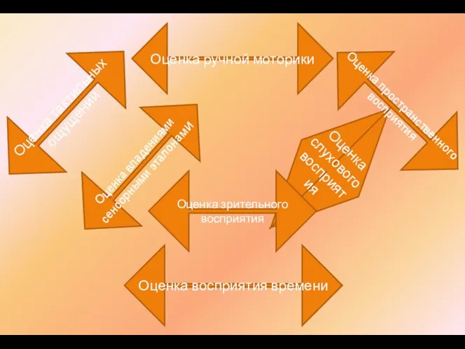 Оценка ручной моторики Оценка тактильных ощущений Оценка слухового восприятия Оценка зрительного восприятия