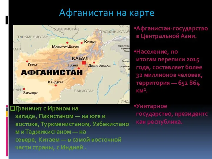 Афганистан на карте Афганистан-государство в Центральной Азии. Население, по итогам переписи 2015