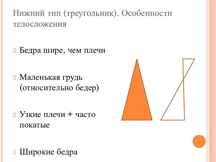 Нижний тип (треугольник). Особенности телосложения Бедра шире, чем плечи Маленькая грудь (относительно