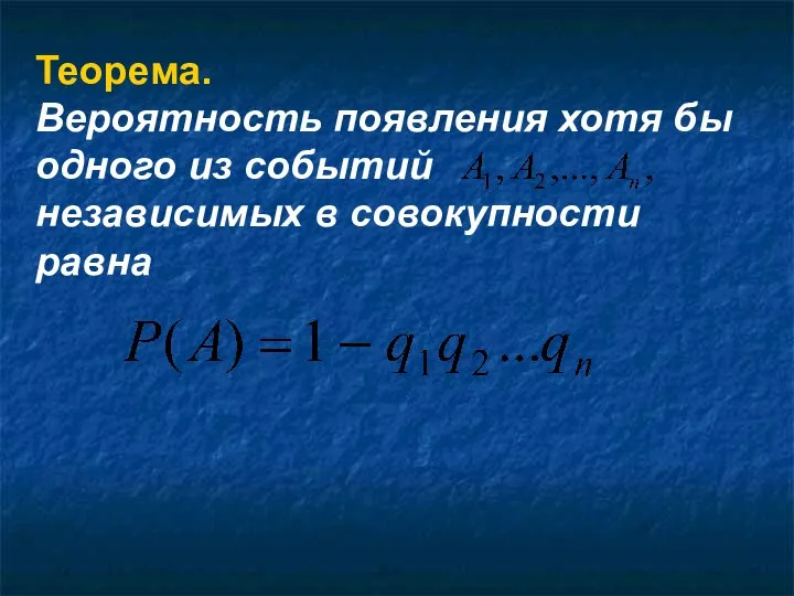 Теорема. Вероятность появления хотя бы одного из событий независимых в совокупности равна