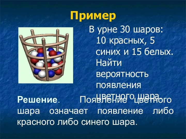 Пример В урне 30 шаров: 10 красных, 5 синих и 15 белых.