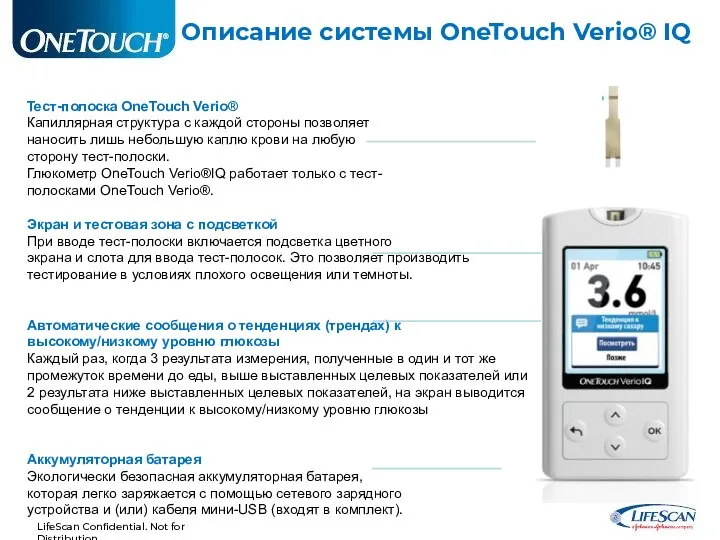 Описание системы OneTouch Verio® IQ Тест-полоска OneTouch Verio® Капиллярная структура с каждой