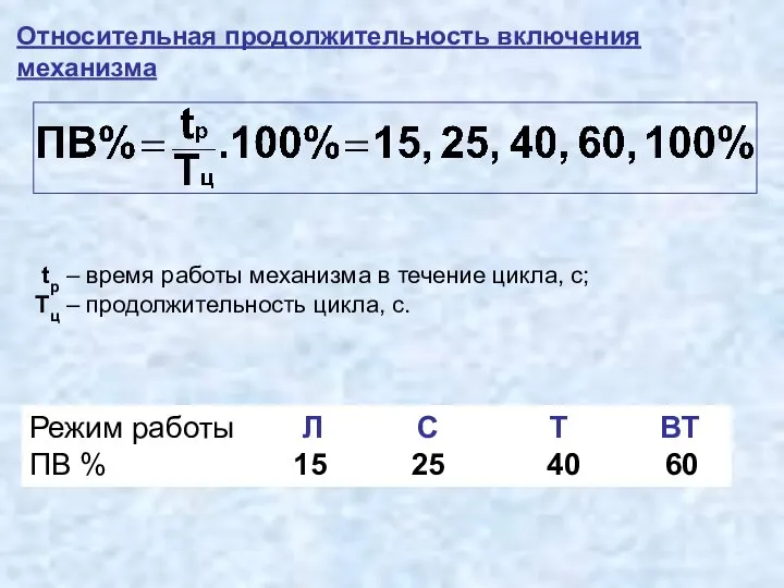 Относительная продолжительность включения механизма tр – время работы механизма в течение цикла,