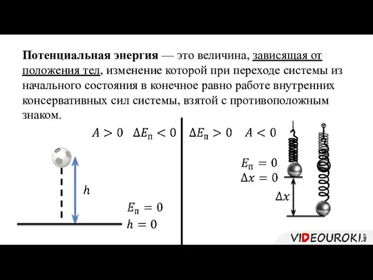 Потенциальная энергия — это величина, зависящая от положения тел, изменение которой при