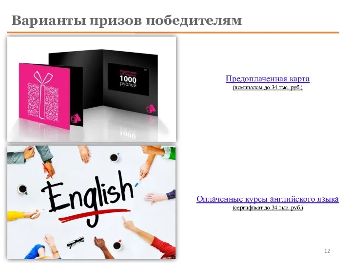 Варианты призов победителям Предоплаченная карта (номиналом до 34 тыс. руб.) Оплаченные курсы