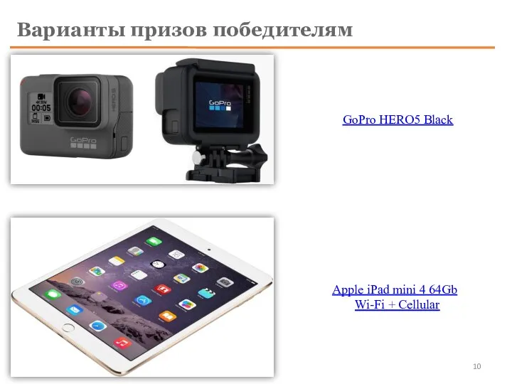 Варианты призов победителям GoPro HERO5 Black Apple iPad mini 4 64Gb Wi-Fi + Cellular