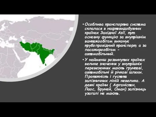 Особлива транспортна система склалася в нафтовидобувних країнах Західної Азії, тут основну функцію