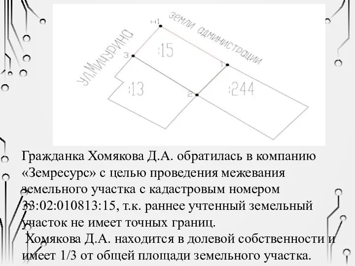 Гражданка Хомякова Д.А. обратилась в компанию «Земресурс» с целью проведения межевания земельного