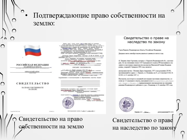 Подтверждающие право собственности на землю: Свидетельство на право собственности на землю Свидетельство