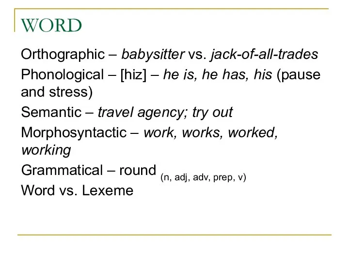 WORD Orthographic – babysitter vs. jack-of-all-trades Phonological – [hiz] – he is,