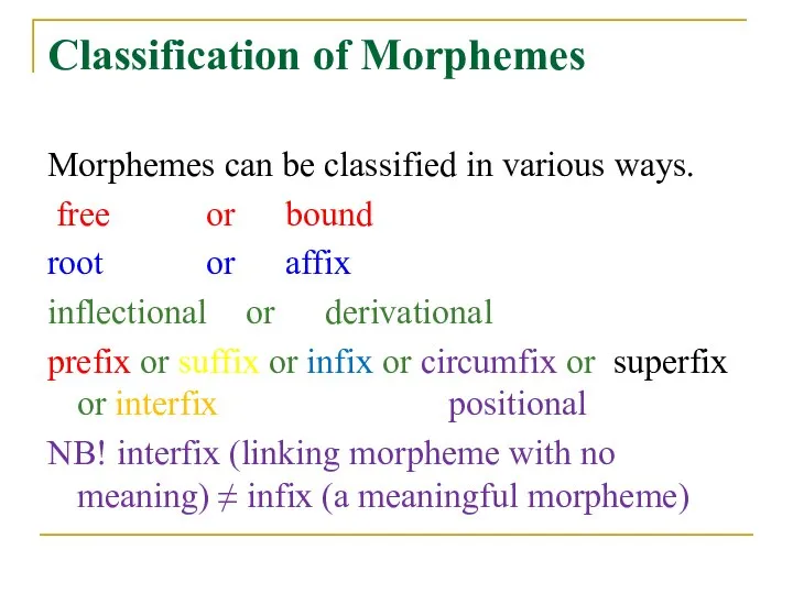 Classification of Morphemes Morphemes can be classified in various ways. free or