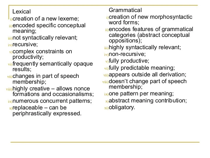Lexical creation of a new lexeme; encoded specific conceptual meaning; not syntactically