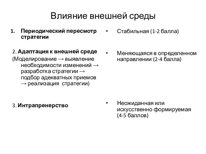 Влияние внешней среды Периодический пересмотр стратегии 2. Адаптация к внешней среде (Моделирование