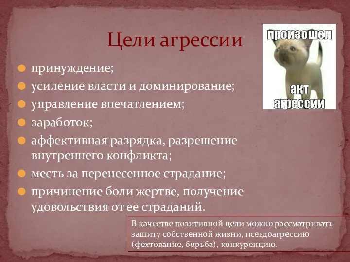 принуждение; усиление власти и доминирование; управление впечатлением; заработок; аффективная разрядка, разрешение внутреннего