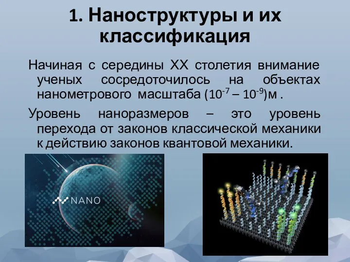 1. Наноструктуры и их классификация Начиная с середины ХХ столетия внимание ученых