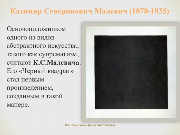 Казимир Северинович Малевич (1878-1935) Основоположником одного из видов абстрактного искусства, такого как