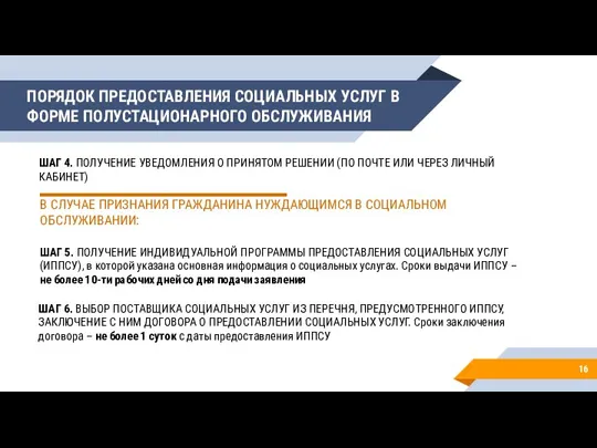 ПОРЯДОК ПРЕДОСТАВЛЕНИЯ СОЦИАЛЬНЫХ УСЛУГ В ФОРМЕ ПОЛУСТАЦИОНАРНОГО ОБСЛУЖИВАНИЯ 16 ШАГ 5. ПОЛУЧЕНИЕ