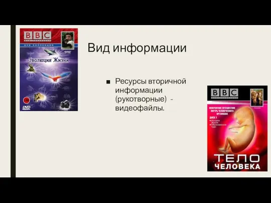 Вид информации Ресурсы вторичной информации (рукотворные) - видеофайлы.