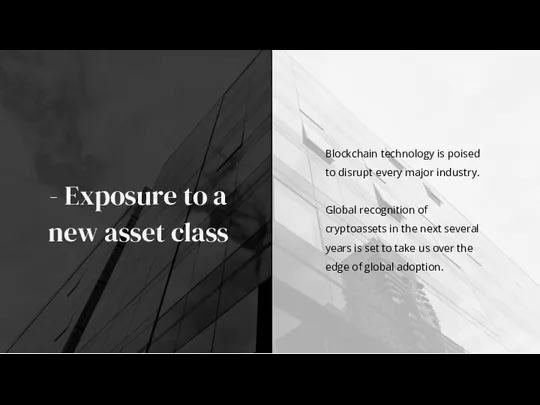 - Exposure to a new asset class Blockchain technology is poised to