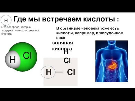 Где мы встречаем кислоты : Это водорода, который содержат и легко отдают