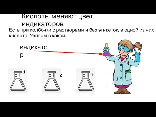 Кислоты меняют цвет индикаторов Есть три колбочки с растворами и без этикеток,