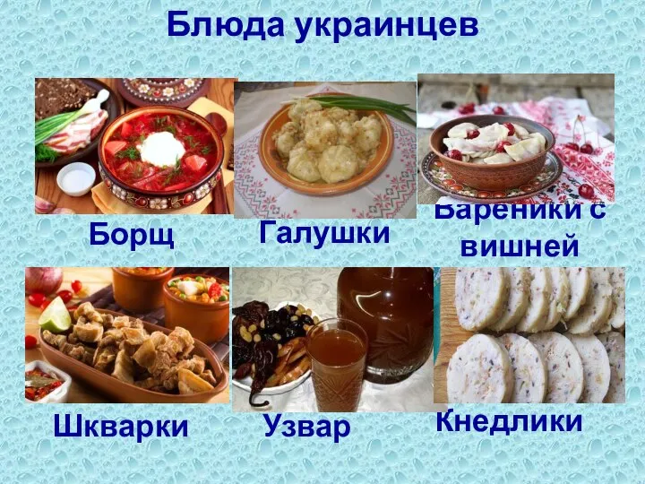 Блюда украинцев Борщ Галушки Шкварки Кнедлики Вареники с вишней Узвар
