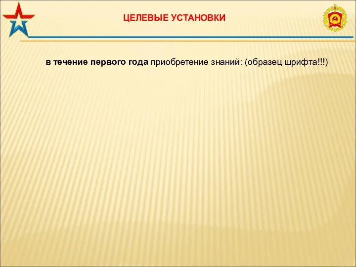 ЦЕЛЕВЫЕ УСТАНОВКИ в течение первого года приобретение знаний: (образец шрифта!!!)