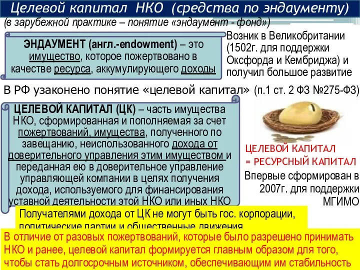 Целевой капитал НКО (средства по эндаументу) ЭНДАУМЕНТ (англ.-endowment) – это имущество, которое