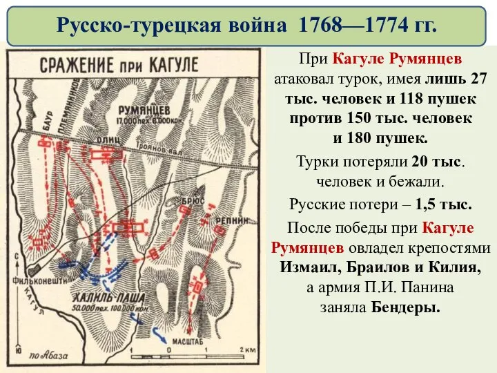 При Кагуле Румянцев атаковал турок, имея лишь 27 тыс. человек и 118