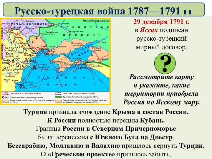 29 декабря 1791 г. в Яссах подписан русско-турецкий мирный договор. Рассмотрите карту