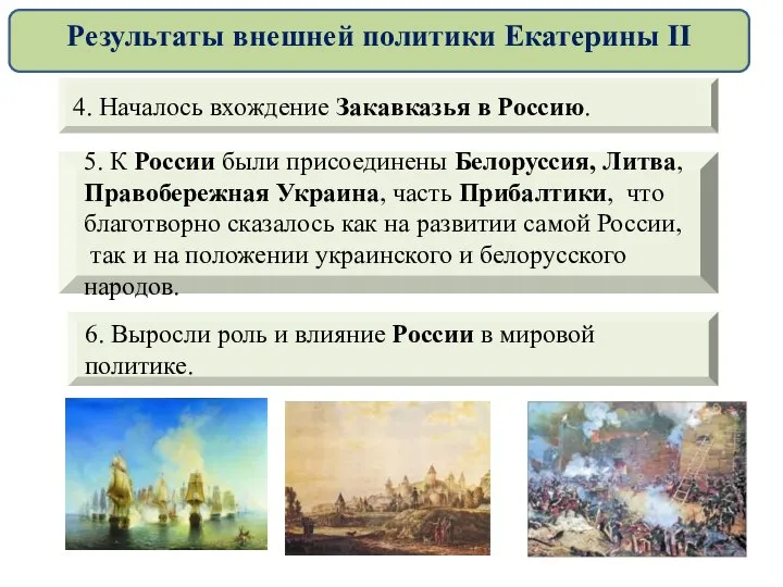 4. Началось вхождение Закавказья в Россию. 5. К России были присоединены Белоруссия,