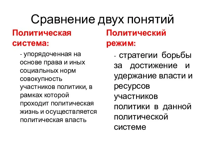 Сравнение двух понятий Политическая система: - упорядоченная на основе права и иных