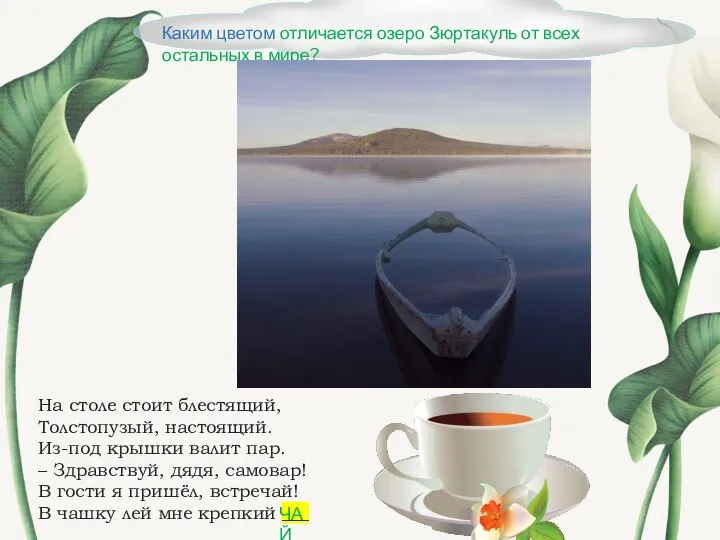 Каким цветом отличается озеро Зюртакуль от всех остальных в мире? На столе