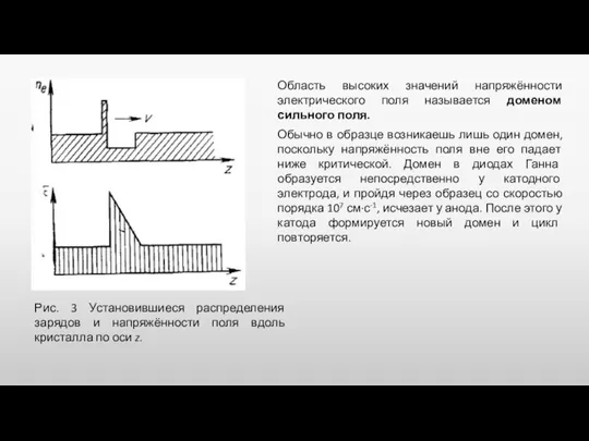 Рис. 3 Установившиеся распределения зарядов и напряжённости поля вдоль кристалла по оси