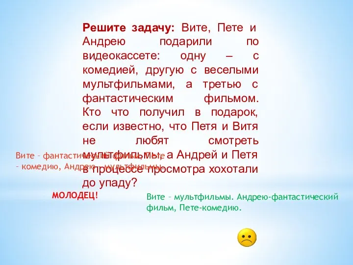 Решите задачу: Вите, Пете и Андрею подарили по видеокассете: одну – с