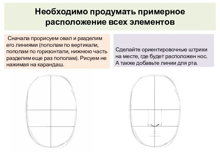 Необходимо продумать примерное расположение всех элементов Сначала прорисуем овал и разделим его