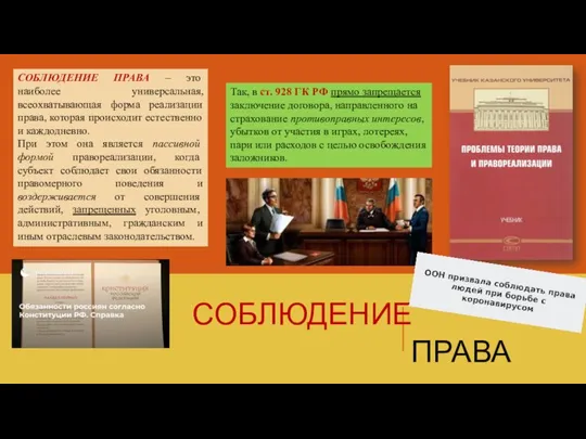 СОБЛЮДЕНИЕ ПРАВА СОБЛЮДЕНИЕ ПРАВА – это наиболее универсальная, всеохватывающая форма реализации права,