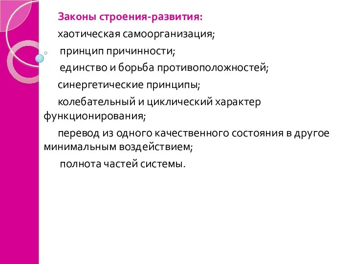 Законы строения-развития: хаотическая самоорганизация; принцип причинности; единство и борьба противоположностей; синергетические принципы;