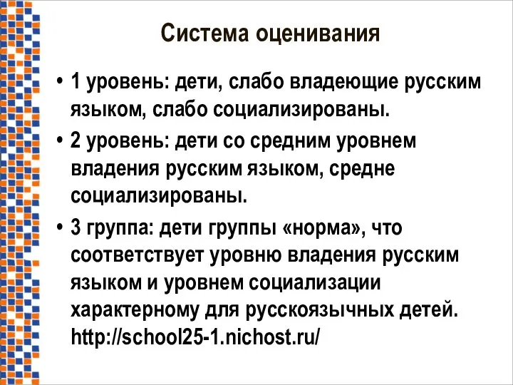 1 уровень: дети, слабо владеющие русским языком, слабо социализированы. 2 уровень: дети