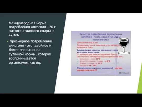 Международная норма потребления алкоголя – 20 г чистого этилового спирта в сутки.