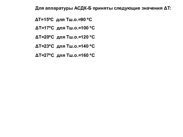 Для аппаратуры АСДК-Б приняты следующие значения ΔТ: ΔТ=15ºС для Тш.о.=90 ºС ΔТ=17ºС