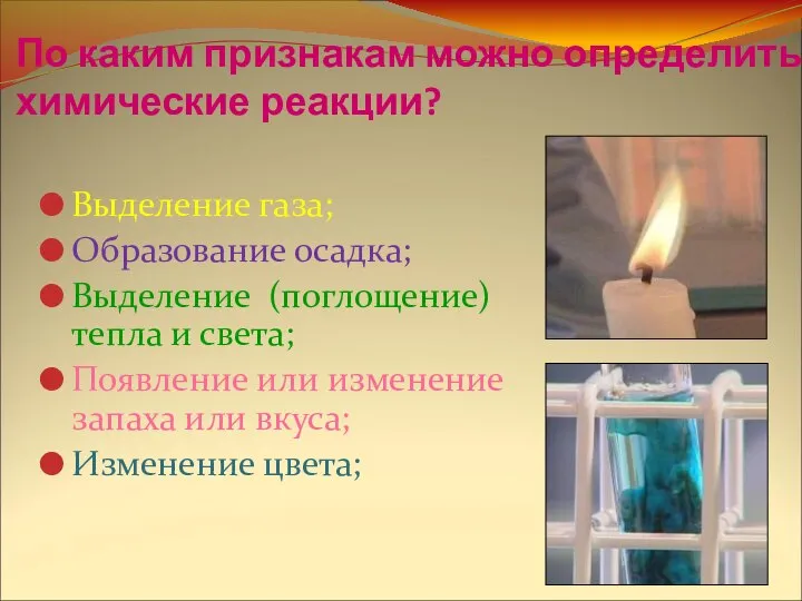 По каким признакам можно определить химические реакции? Выделение газа; Образование осадка; Выделение