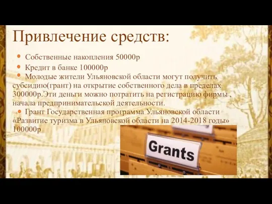 Привлечение средств: Собственные накопления 50000р Кредит в банке 100000р Молодые жители Ульяновской