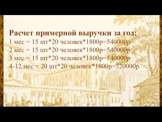 Расчет примерной выручки за год: 1 мес = 15 шт*20 человек*1800р=540000р 2