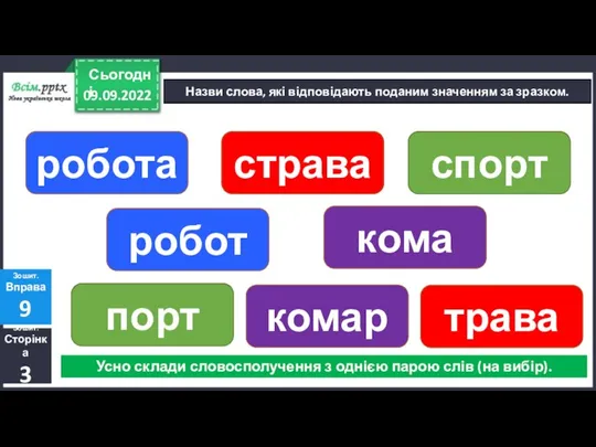 09.09.2022 Сьогодні Назви слова, які відповідають поданим значенням за зразком. Зошит. Сторінка