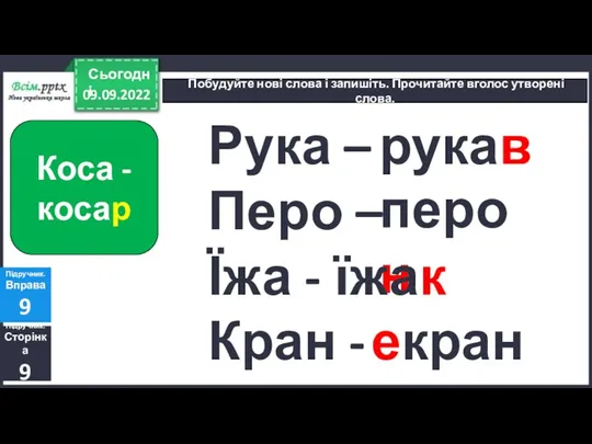 09.09.2022 Сьогодні Побудуйте нові слова і запишіть. Прочитайте вголос утворені слова. Підручник.