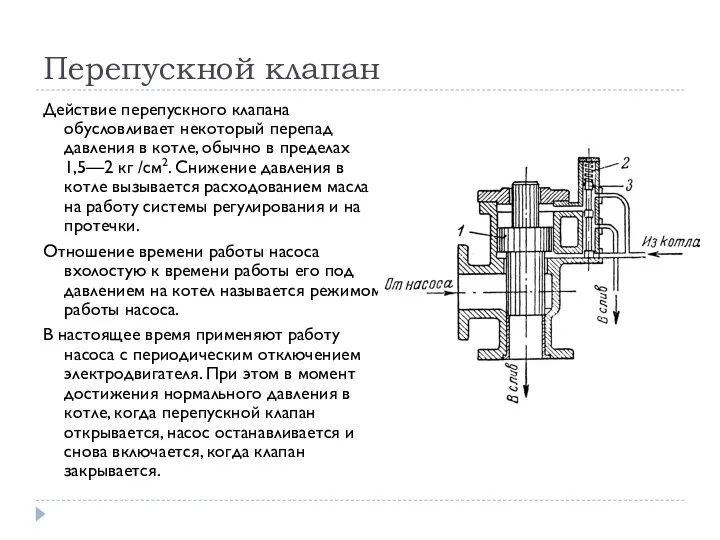 Перепускной клапан Действие перепускного клапана обусловливает некоторый перепад давления в котле, обычно