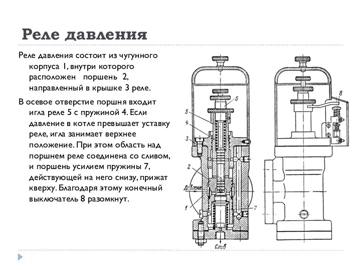 Реле давления Реле давления состоит из чугунного корпуса 1, внутри которого расположен