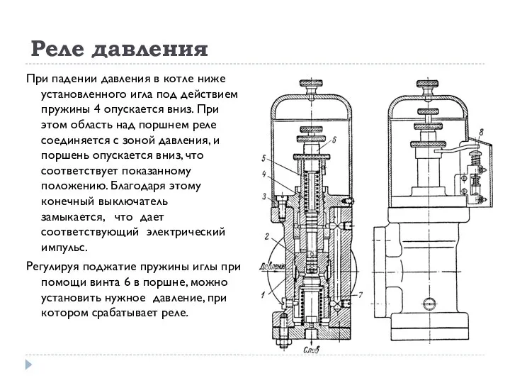 Реле давления При падении давления в котле ниже установленного игла под действием